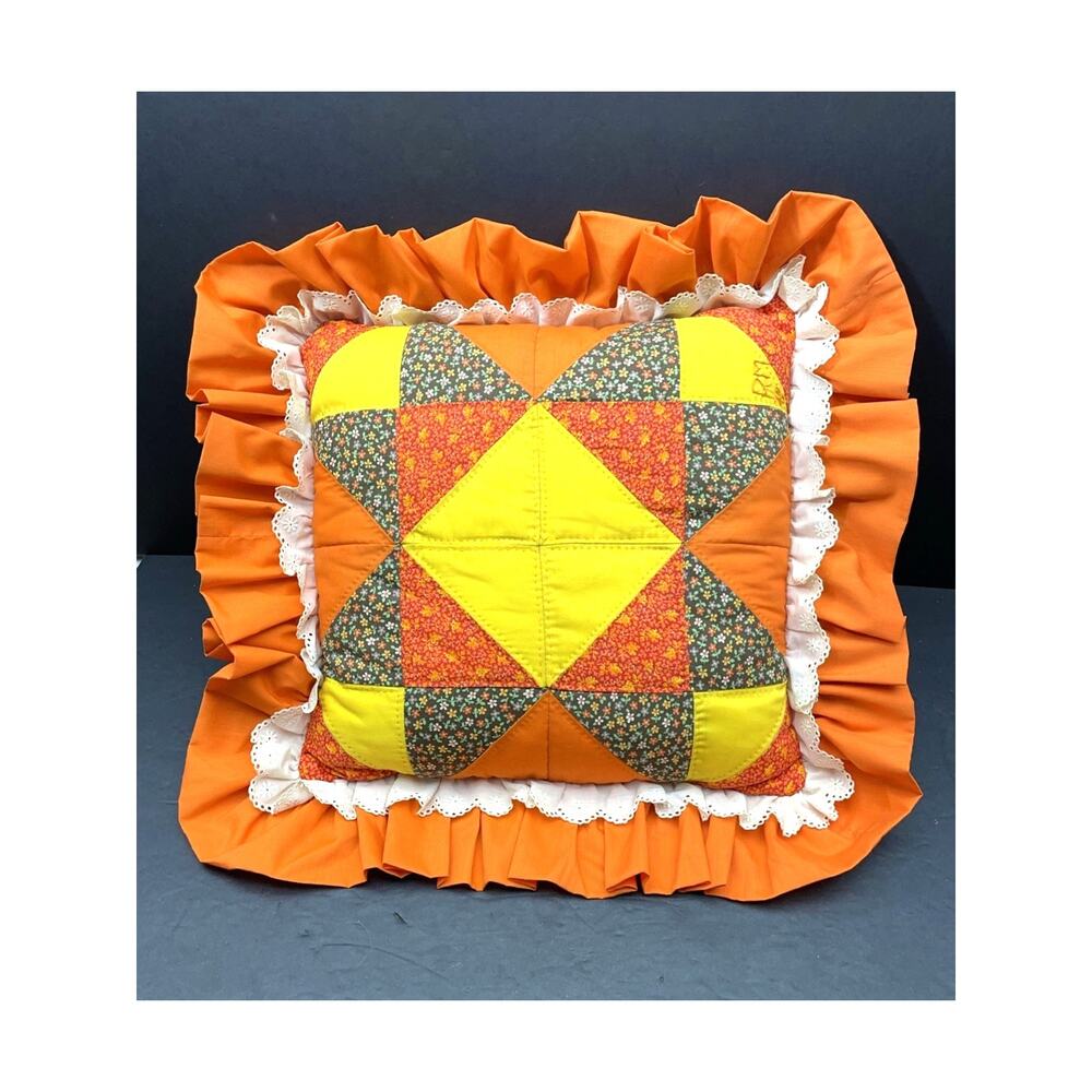 Vintage 70s Quilted Throw Pillow –Patchwork Ruffle Eyelet Trim Kitschy MCM 17x17